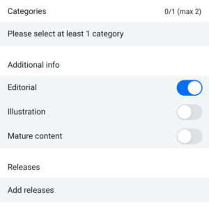 Pengaturan Editorial di aplikasi Shutterstock Contributor saat upload foto